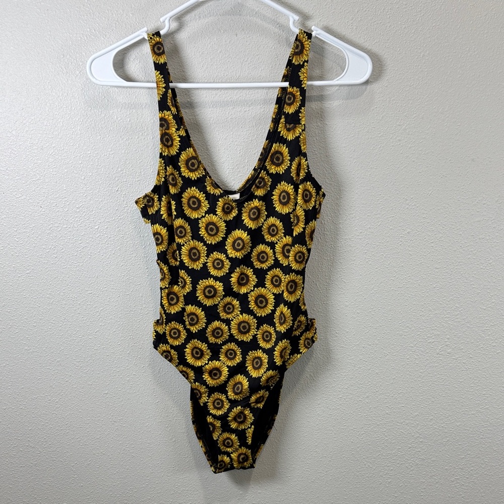 Out From Under Black & Yellow Sunflower Print One-Piece Swimsuit cut out sides